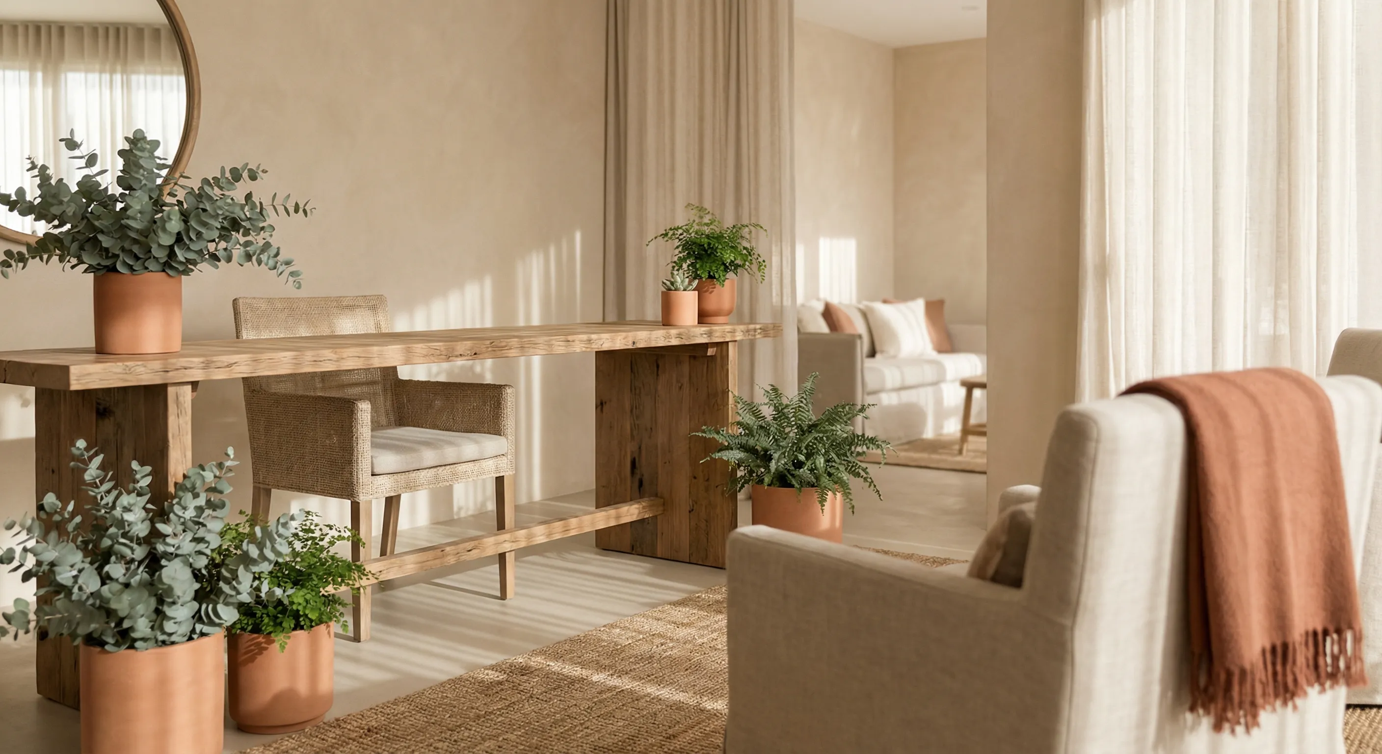 Warm, airy clinic reception with natural materials